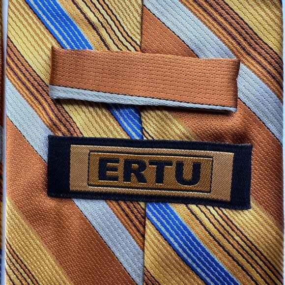 Philippe Ertu Tie 100% Silk Blue Gold Stipe Geo Japan Italy 3.75"x57-59" X5 - Picture 10 of 16